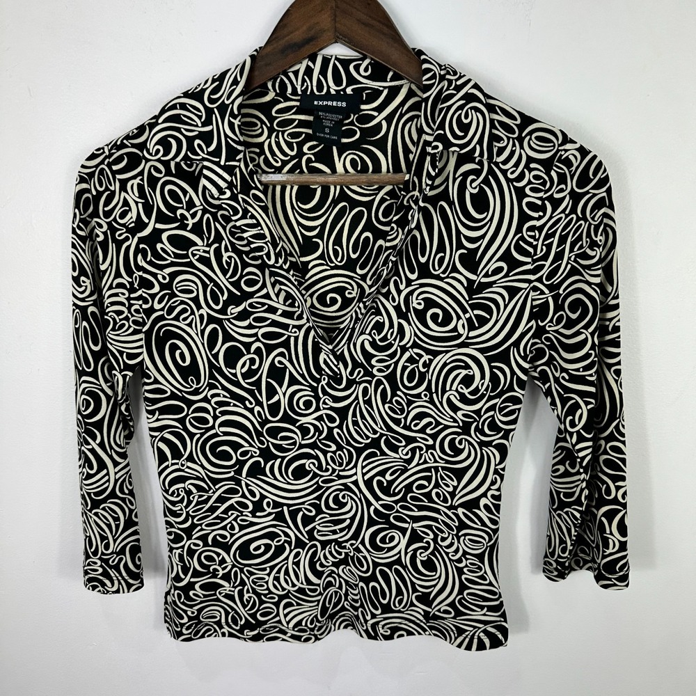 Express Collared Shirt Womens S Black White Abstract Y2K 90s Preppy Retro Vtg
